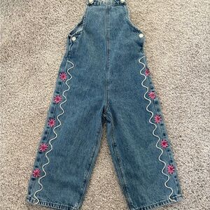 Zara girls Embroidered Denim Overalls with Pink Flowers
